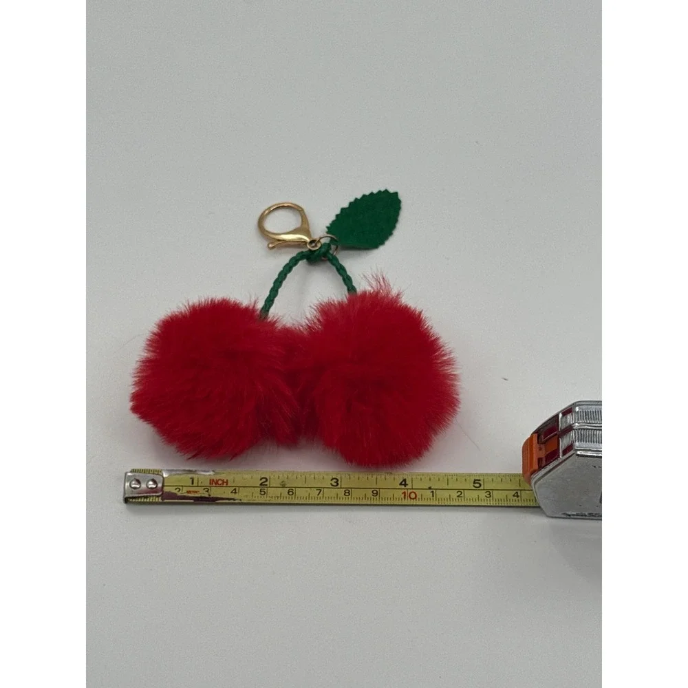 Red Faux Fur Cherry Pom Pom Keychain Bag Charm Gold Tone Clasp Accessory